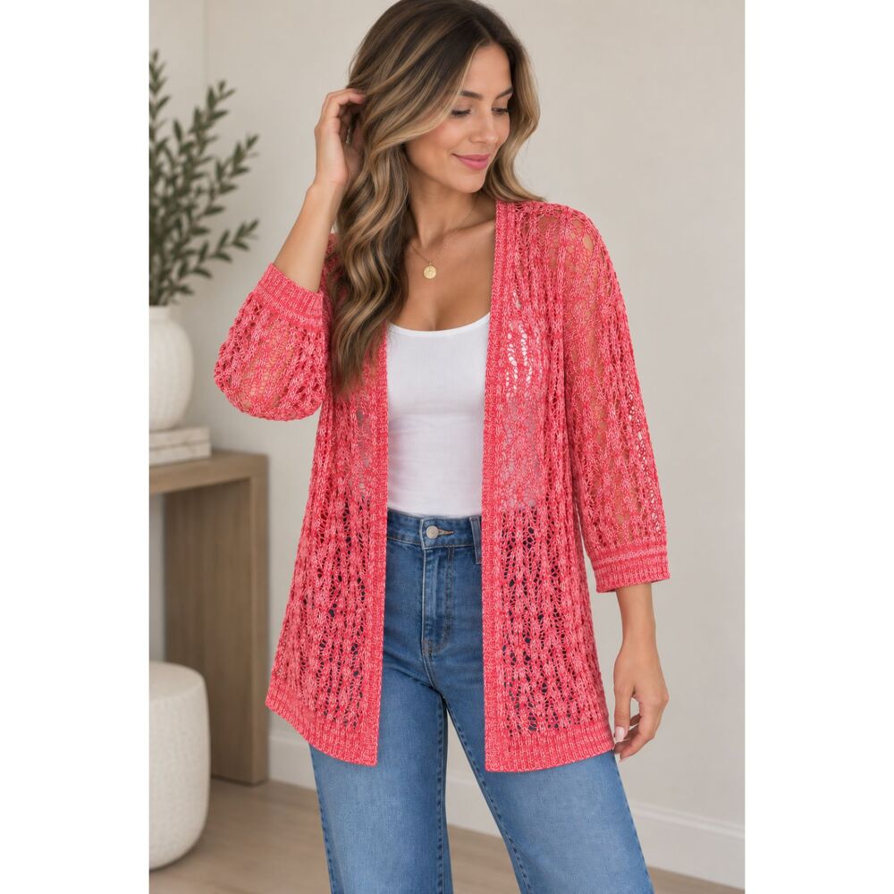 2.1.2 New York Women’s Open Knit Cardigan Size L Coral White Long Sleeve